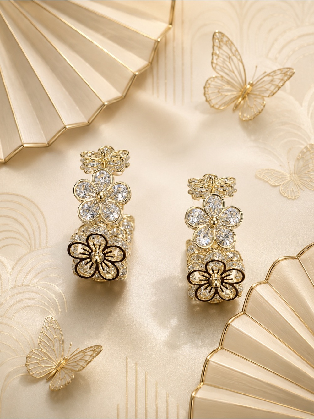 🆕😍Elegant Gold Floral CZ Hoop Earrings - Gold